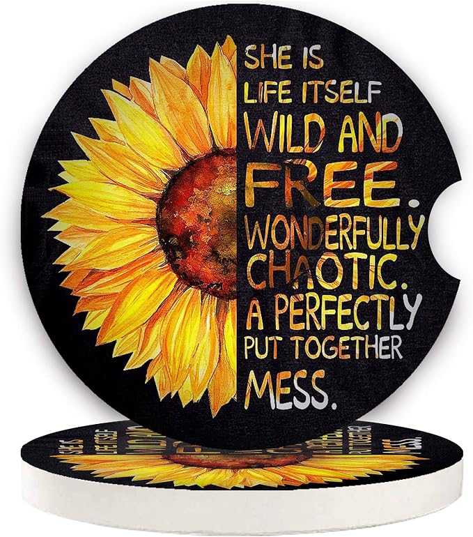 Car Coasters for Women 2 Pack, Ceramic Absorbent Cup Holders for Mother's Day, Keep The Car Clean and Dry, Auto Small 2.56" Coasters Set for Mum (Half Sunflower)