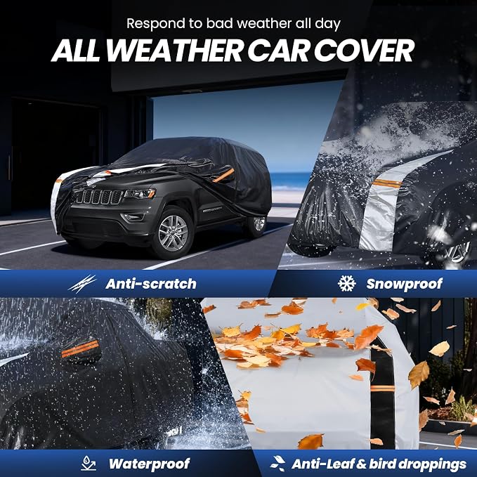 Multi-Layer Car Cover Custom Fit for Jeep Grand Cherokee(2010-2026), 100% Waterproof All Weather for Automobiles, Gift with Towel, Heavy Duty Car Covers for Rain Sun UV Protection with Door Zipper