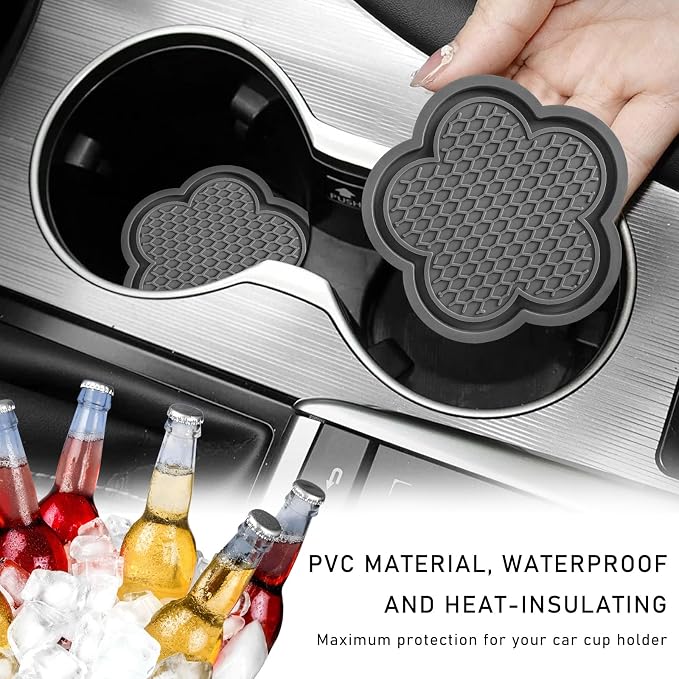 DXNQ 4 PCS Car Cup Coasters, Cute Flower Shaped Car Cup Holder Mat, PVC Waterproof Anti Slip Vehicle Cup Holder Insert Coaster, Universal Car Interior Decor Accessories (Gray)