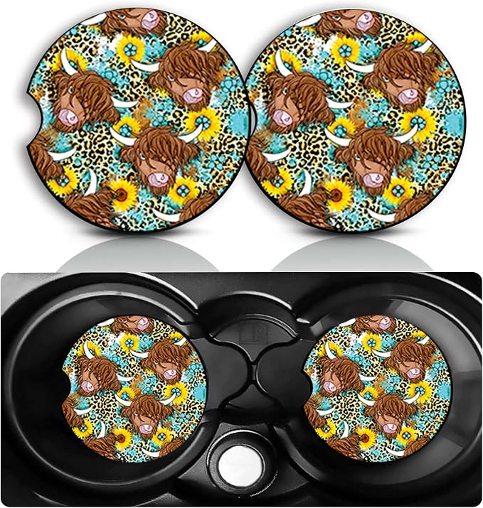 Western Highland Cow Car Cup Holder Coasters Set of 2 – Fun Leopard Cow Car Accessories 2.75" Universal Size Anti Slip Rubber Mat Auto Insert Coasters Sunflower Cows Gifts for Women Men Dad