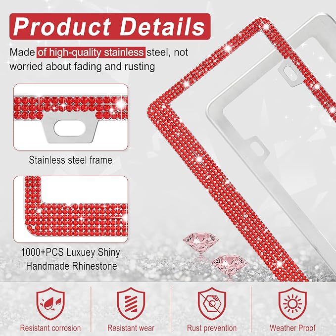 Amiss Bling License Plate Frame for Women, 1Pack Rhinestone Handcrafted Crystal Premium Stainless Steel, Stainless Steel Car Accessories with Diamond Sparkle Glitter Caps (Red)