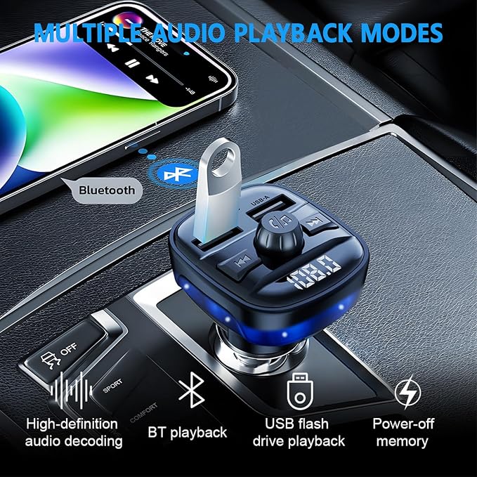 Bluetooth 5.3 Car Adapter Charger, Wireless FM Bluetooth Transmitter | Fast Charge Wireless Radio FM Transmitter with Deep Bass Player, LED Backlit, Hands-Free Calling,Support MP3 Player USB Drive