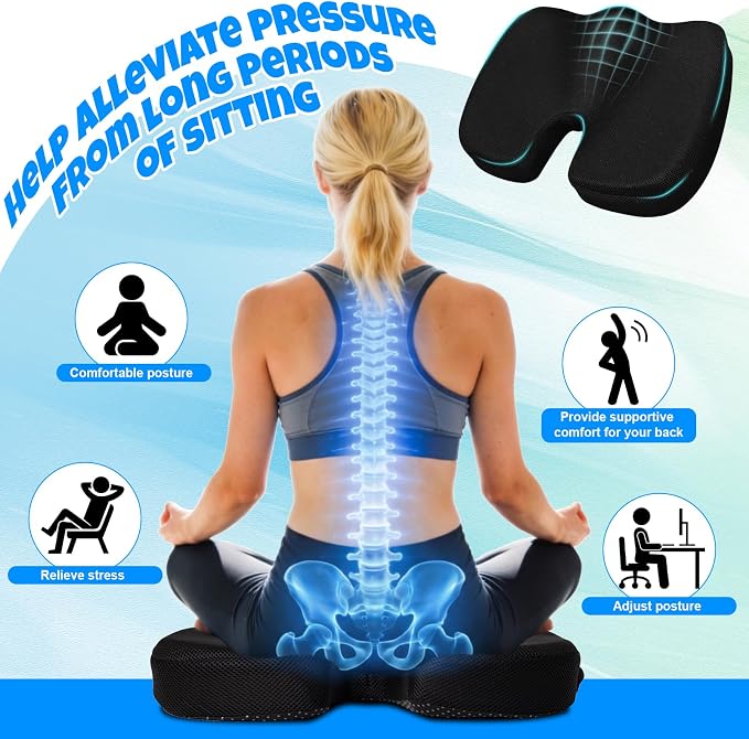 Ergonomic Seat Cushion with Memory Foam for Office Chair, Car Seat, Sciatica & Tailbone Relief, Non-Slip Cushion,Breathable Mesh Cover, Portable Handle - Black