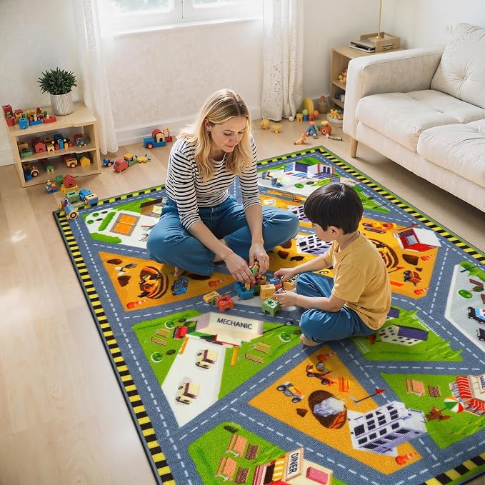 STARUIA Kids Carpet Playmat Rug, 3x5 Ultra Non-Slip Car Rug Play Mat Learn and Have Fun Educational City Road Car Carpet for Kids, Washable Car Kid Rugs for Boys Room Playroom Nursery