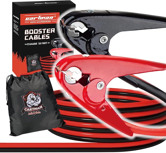 Cartman 2 Gauge 16 ft Heavy Duty Jumper Cables with Carry Bag | Dual-Connection Clamps, Heavy-Duty CCA Conductors, Cold-Resistant TPR Jacket