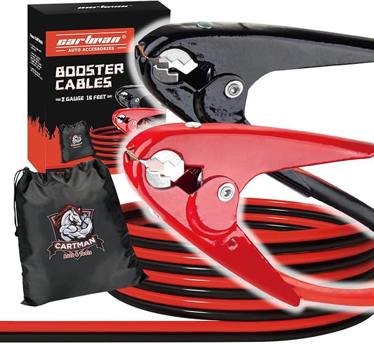Cartman 2 Gauge 16 ft Heavy Duty Jumper Cables with Carry Bag | Dual-Connection Clamps, Heavy-Duty CCA Conductors, Cold-Resistant TPR Jacket