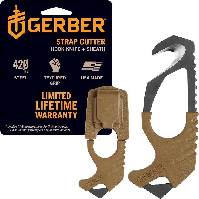 Gerber Gear Seatbelt Strap Cutter Escape Tool with Lanyard Hole and Glass Breaker, Made in USA, Coyote Brown, 5 x 2.5 x 1 inches Pocket Size