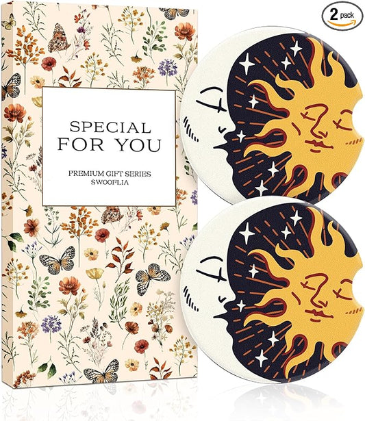 Swooflia Car Coasters for Women - Moon and Sun Ceramic Car Cupholder Coaster Cool Absorbent Mat Coaster with Cork Base 2 Pack Automotive Cup Holder Accessories New Driver Gifts for Decor