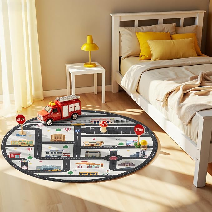 3.3ft Round Kids City Road Car Play Rug - Non-Slip Faux Wool Carpet with Interactive City Map Design, Educational Toy Vehicle Mat for Kids, Bedroom Playroom Nursery Gift.