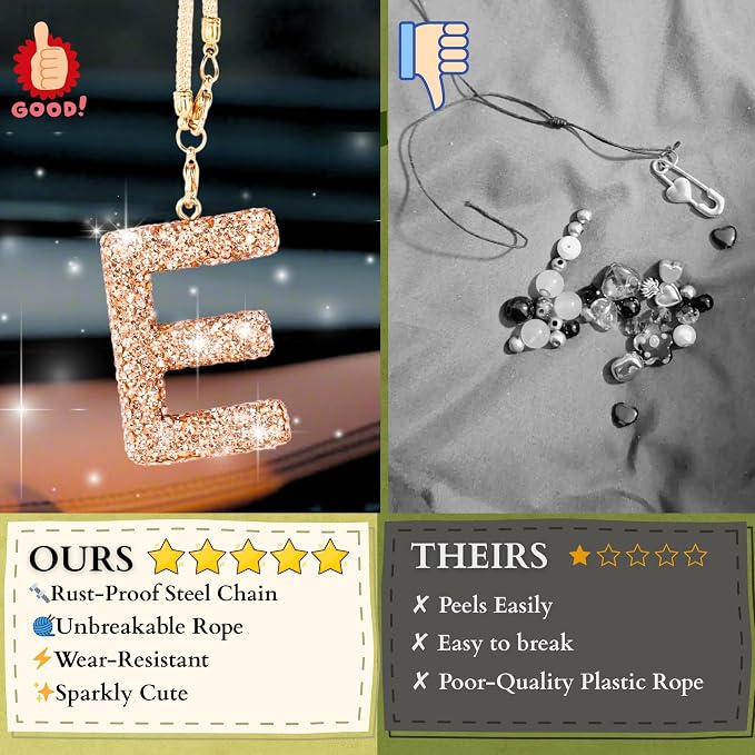 Bling Car Accessories for Women Letter Charm, Rainbow Crystal Rearview Mirror Pendant, Cute Diamond Rhinestone Car Decor, Lucky Gift for Women(E, Champagne Gold)