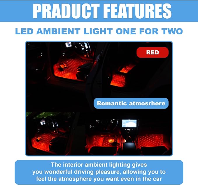 Car LED Strip Light, 24 LED 12V Cigarette Lighter Port, Red | RGB Neon Auto Interior Atmosphere Lights, Under Dash Ambient Night Light, Universal Decorative Lamp Accessory for Car Truck