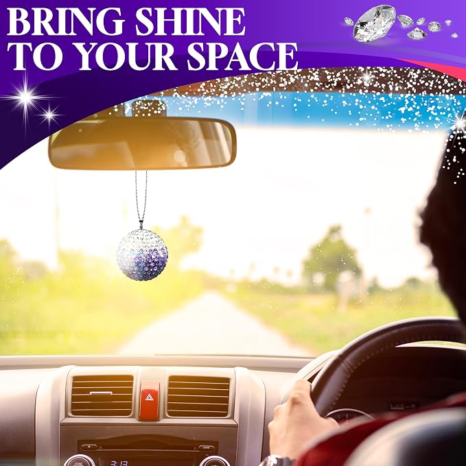 Bling Car Accessories - Elegant 1.37" Crystal Ball Rear View Mirror Charm with Hand-Set Sparkling Rhinestone and 17.7" Long Chain - Bling Rear View Mirror Accessories, Сrystal Сar Hanging Ornament