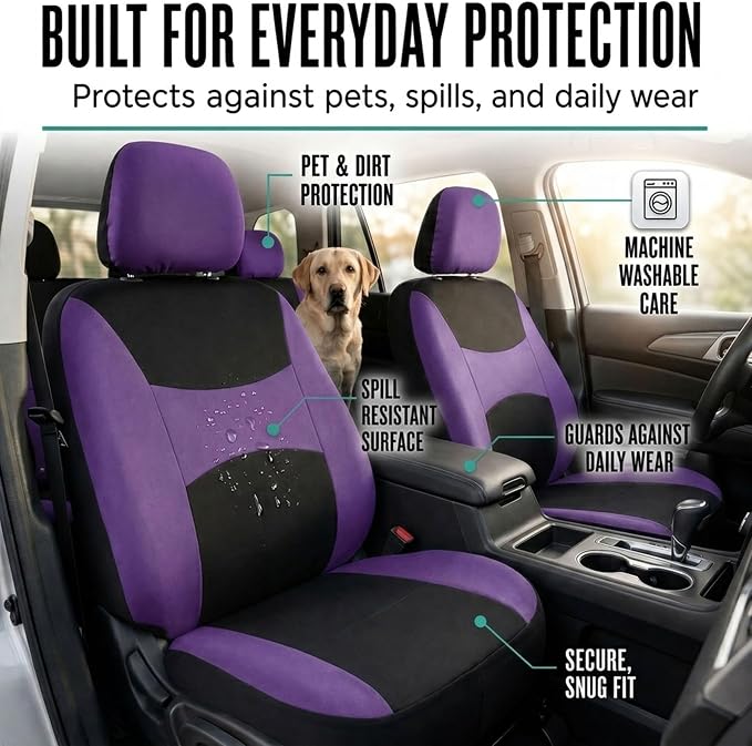 FH Group Full Set Car Seat Covers Cloth, Universal Fit combo, Set with Steering Wheel Cover and Seat Belt Pad fits Most Cars, SUVs, Trucks Purple