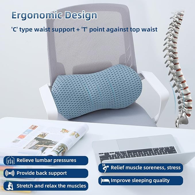 Lumbar Pillow, Memory Foam Lumbar Support Pillow for Office Chair and Car Seat, Ergonomic Streamline Back Pillow for Lower Back Pain Relief, Back Support Pillow for Sitting, Driving, Traveling