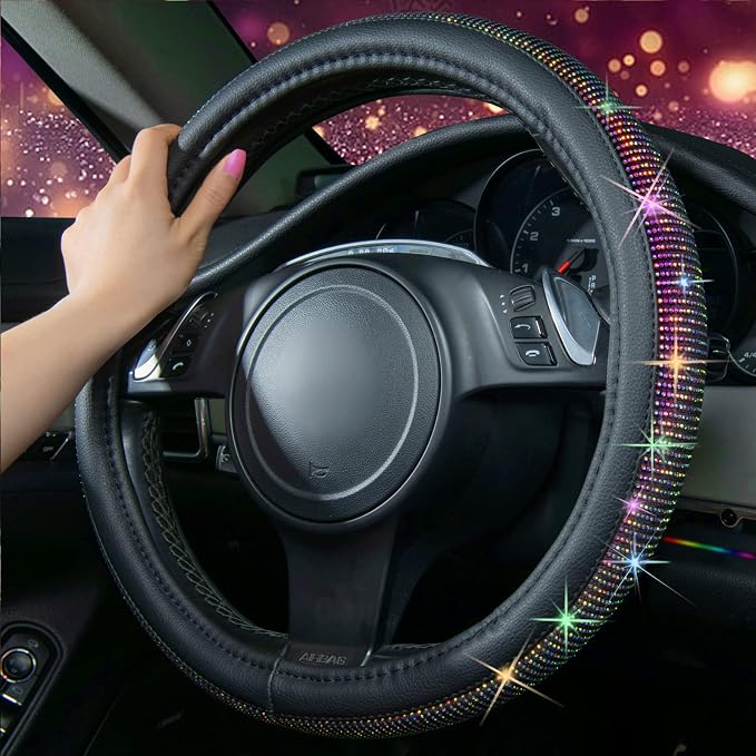 CAR PASS Bling Diamond Leather Steering Wheel Cover, with Bling Sparkly Crystal Glitter Rhinestones Universal Fit 13"1/2-14" Car Wheel Protector for Women Girl Fit Suvs,Vans,Sedans,Trucks, Multicolor