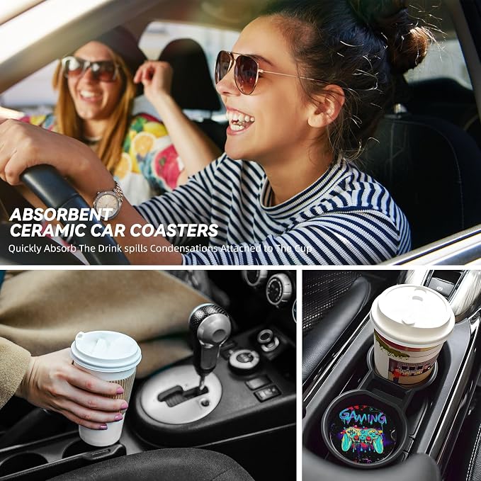 Game Car Cup Holder Coasters 2 Pack 2.63" for Women | Universal Anti Slip Ceramic Absorbent Coaster with Cork Base and Finger Notch Cute Car Accessories Interior