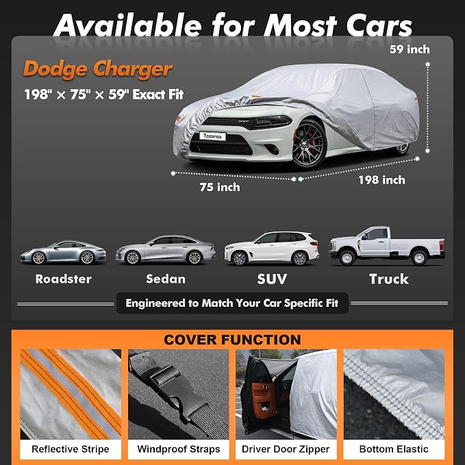 Car Cover Waterproof All-Weather,Outdoor Full Exterior Coupe Covers Custom Fit for Dodge Charger,Model S,Hyundai Genesis,Jaguar XJ,Chevy Malibu,Lesabre Regal,etc,Size C5(See Size Chart)