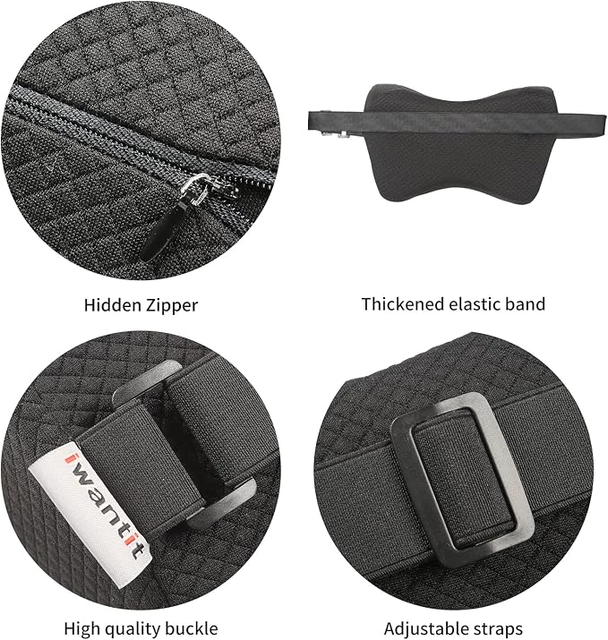iwantit® Car Neck Pillows with Memory Foam, Neck Supporting for Long Time Driving, Adjustable Straps and Comfy Outer Cover(Black,1Package, Large Size)