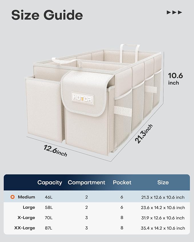 HOTOR Trunk Organizer for Car - Car Organizer, Foldable Trunk organizer for SUVs & Sedans, Sturdy Organization for Car Accessories, Tools, Sundries, Beige, 2 Compartments, 21.3"×12.6"×10.6"