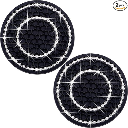 2PCS Bling Crystal Rhinestone Cup Holder Coaster, 2.75 inch Soft Silicone Anti-Slip Shockproof, Car Cup Holder Insert Coasters, Universal Car Interior Accessories for Women (Black & White)