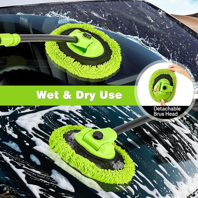 7-in-1 Car Wash Brush Kit with 15° Curved Long Handle for Cars | Car Cleaning Kit with 2 Replaceable Car Washing Mop, Wash Sponge, Mitt, Towel, Tire Brush for RV SUV Truck, Green