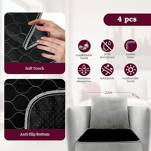 Waterproof Chair Pads for Incontinence 4 Pack Reusable Seat Protector Pads 22" x 21" Washable Chair Protector Seat Cover Chucks for Chairs Adults Elderly Kids Pets Black