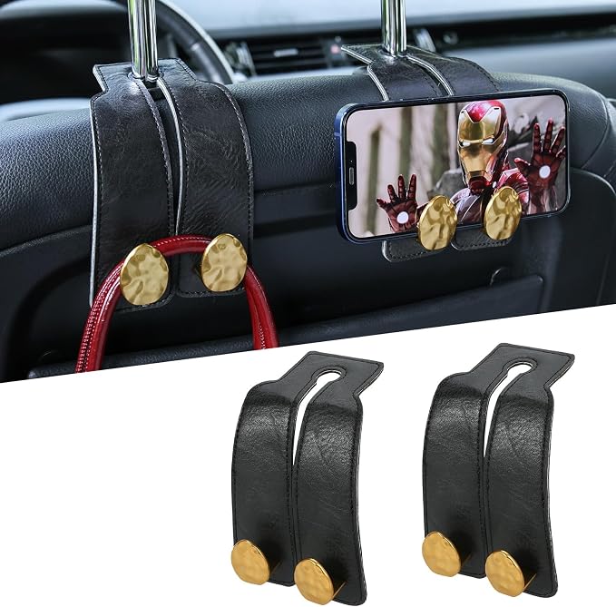 Leather Car Purse Hook for Headrest, 2 Pack, Black-Gold | Twin Hooks Headrest Hangers, 2/4 Pack, No-Slip, Scratch-Proof, Holds Purses, Backpacks, Grocery Bags, Car Organizer Gift