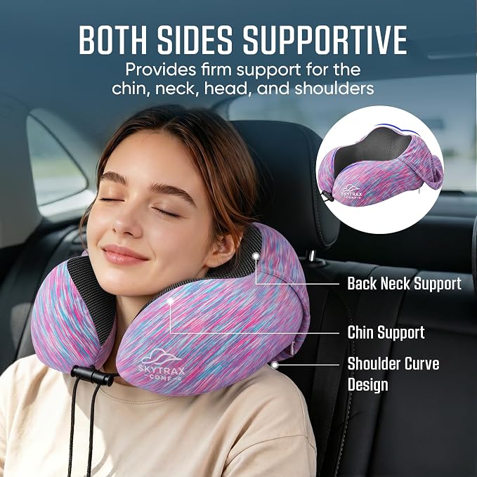 SkytraxComf® Travel Neck Pillow with Hood for Privacy on Long Flights | Memory Foam | Airplane Sleep | Safety-Tested Materials | Extra Large Hood | Chin Support | Earplugs | Washable Cover