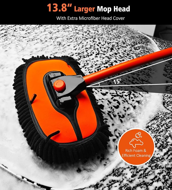 YeewayVeh 43" Car Wash Brush Mop, Extendable Long Handle, Orange | 15° Curved Soft Microfiber Mop for Truck & SUV Cleaning, Extra Mop Head, No Scratching