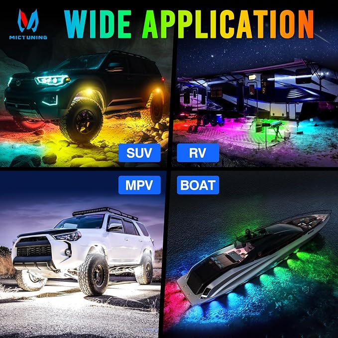 MICTUNING C2+ RGB+IC Chasing Color Ultra-Bright 12 Pods LED Rock Lights | Switch Wiring Kit, Extra Extensions, Aluminum Housing, IP68 Waterproof, Series/Parallel, Up to 24 Pods, Music Sync Mode