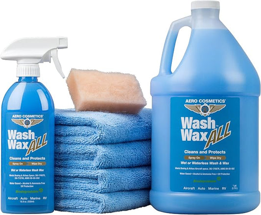 Aero Cosmetics Wash Wax ALL Spray Waterless Car Wash Wax Kit Quick Detailer | UV-Protective Shine, Water-Based 144 oz + 4 Towels - Safe on Ceramic Coatings - Car, RV, Boat, Aircraft - Spray Detailer