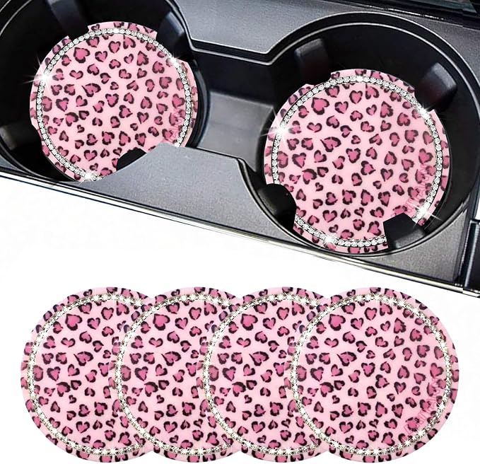 Leopard Car Coasters for Cup Holders, 4 Pack Silicone Cheetah Car Cup Holder Insert Coasters, 2.75" Universal Non-Slip Cup Holder Coaster, Car Interior Accessories for Women (Pink)