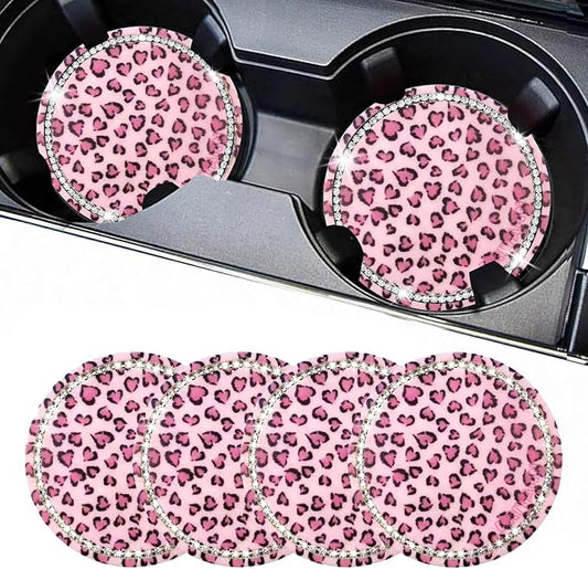 Leopard Car Coasters for Cup Holders, 4 Pack Silicone Cheetah Car Cup Holder Insert Coasters, 2.75" Universal Non-Slip Cup Holder Coaster, Car Interior Accessories for Women (Pink)