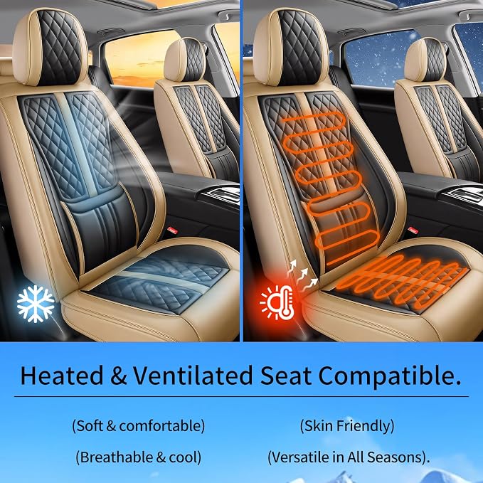 Fit Versa Car Seat Covers Compatible with Nissan Versa 2009-2025 2026.Full Coverage Waterproof Leather,Compatible with Airbag,All - Weather Seat Cushion Protector(2 Front,Beige)