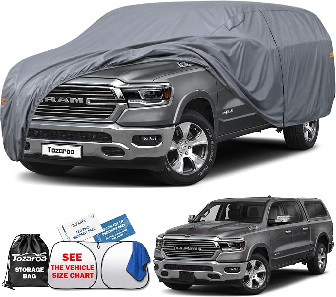 Truck Cover Waterproof All-Weather,Outdoor Full Exterior Pickup Covers for Truck Cover with Camper Shell Topper 229-246 inch,with Windshield Sun Shade,Size T5+ (See SizeChart)