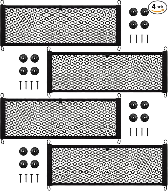 Frienda 4 Pcs 29 x 9.8 Inches Stretchable Small Cargo Net Pocket Boat Storage Mesh Net Elastic Automotive Storage Pouch with Mounting Screws and Hooks for Truck Car SUV Boats