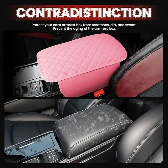 Upgraded Car Center Console Cover with 2 Storage,Arm Rest Covers Armrest Cover for Car, Microfiber Leather Car Armrest Cover Cushion, Universal Car Interior Accessories for Vehicles（Pink longer）