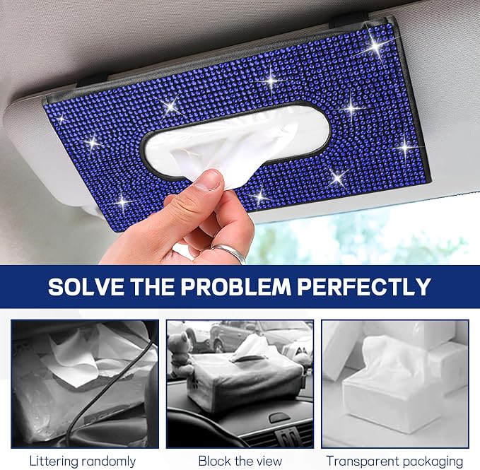 Bling Car Tissue Holder for Sun Visor, Crystal Rhinestone Visor Tissue Box, Leather Vehicle Paper Towel Case, Sparkling Auto Napkin Holder for Women, Car Accessories Decoration (Blue)