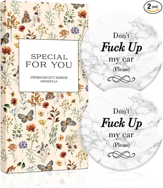 Swooflia Car Coasters for Women - Marble Ceramic Car Cupholder Coaster Cool Absorbent Mat Coaster with Cork Base 2 Pack Automotive Cup Holder Accessories New Driver Gifts for Decor