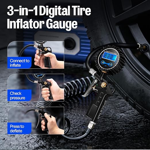 SPECSTAR 2 Pack Digital Tire Inflator with Pressure Gauge, Night Available | 250 PSI Air Chuck and Compressor Accessories with Rubber Hose and Quick Connect Attachment for 0.1 Display Resolution