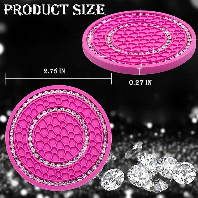 2PCS Bling Crystal Rhinestone Cup Holder Coaster, 2.75 inch Soft Silicone Anti-Slip Shockproof, Car Cup Holder Insert Coasters, Universal Car Interior Accessories for Women (Rose Red & White)