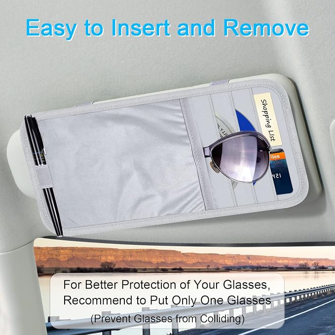 Wisdompro Car Sun Visor Storage Pouch, Sunglasses Bag & 3 CD Sleeves, Gray | with Pen Holder and Elastic Strap, Auto Sunvisor Organizer Pocket for Glasses, Document, Card, DVD, Papers, Receipts