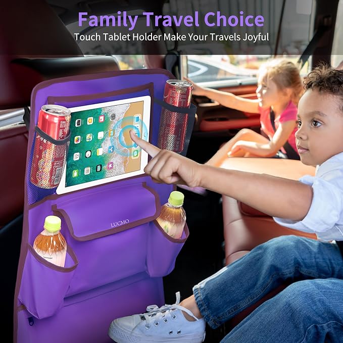 LUCMO Car Backseat Organizer with Touch Screen Tablet Holder, Dark Purple | 9 Storage Pockets,Clear Tablet Holder,Protectors Kick Mats,Travel Accessories,Seat Cover,Road Trip Essentials