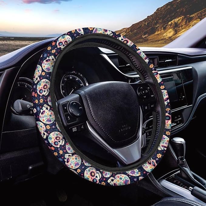 AFPANQZ Steering Wheel Cover for Women, Hippie Flower Skull Sweat Absorbing Non-Slip Steering Wheel Protection Case, Machine Washable Elastic Flexible Universal 14 to 15 inch
