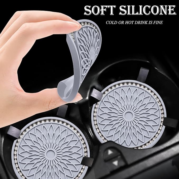 2PCS Bling Car Cup Holder Coasters, 2.75 Inch Silicone Anti-Slip Insert, Bling Shockproof Cup Mat for Women Girls, Universal Fit for Most Vehicles (Gray & White)