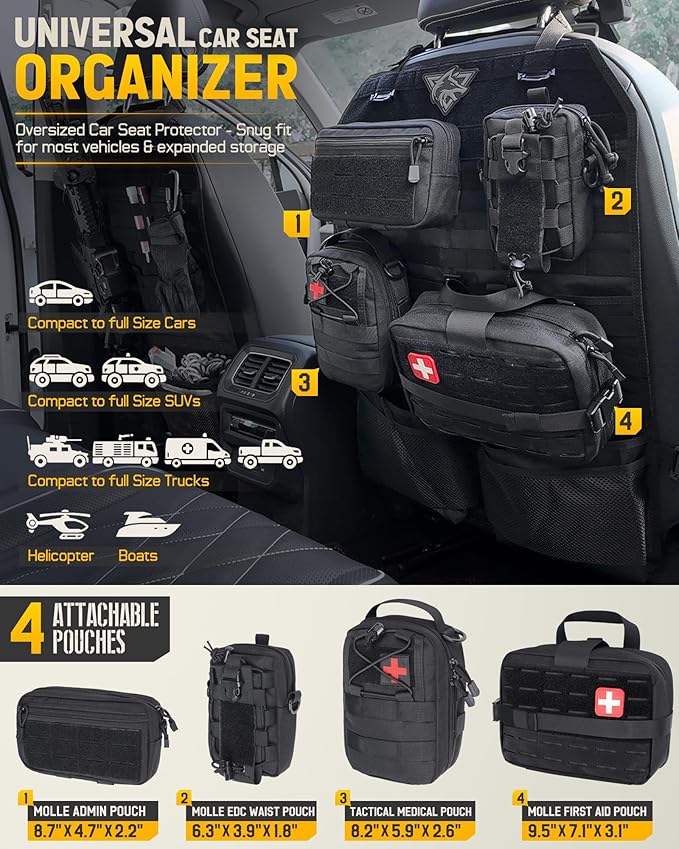WYNEX MOlle Car Backseat Organizer Detachable 4 Molle Pouches for Road Trip | Truck Seat Back Storage & Organizer Molle Panel with Tactical Bag, Fits Most Cars, SUVs, Pickups, Jeepd, Trucks, Vans