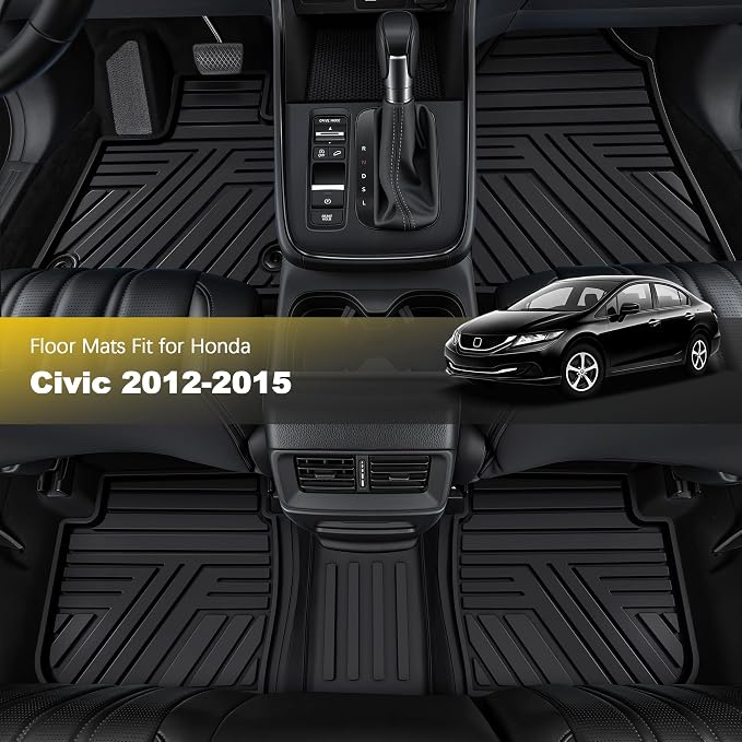 Rubber Floor Mats for Honda Civic Sedan 2012-2015 (Not for Coupe) | All Weather Heavy Duty Car Mats Fit for Civic, 1st & 2nd Row, Black