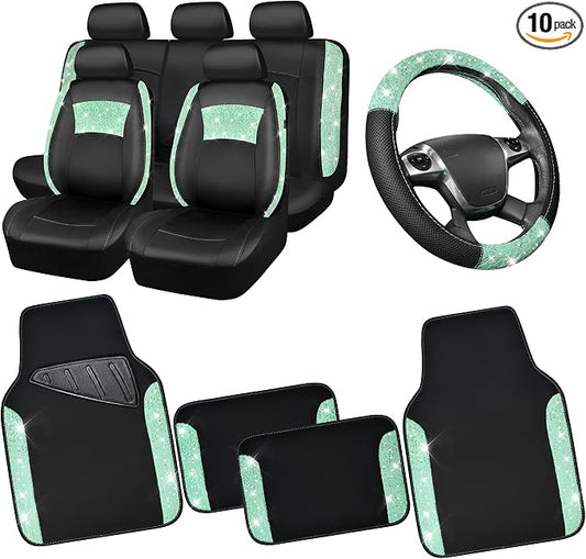 CAR PASS Universal Mint Leather Lace Car Seat Covers Full Set for Women Girls, Waterproof Car Floor Mats Carpet, Glitter Steering Wheel Cover for Car Accessories Interior Sets,10PCS Included