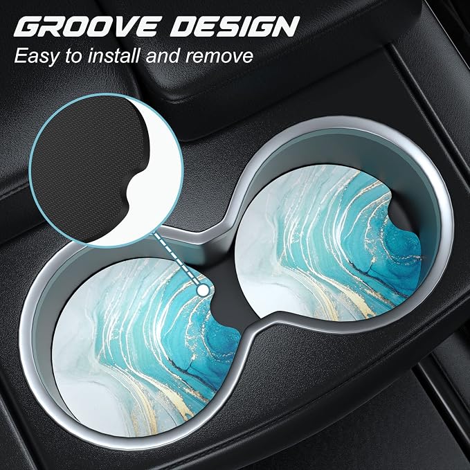 Aiawoxc Car Cup Holder Coasters, 2 Pack Universal Auto Anti Slip Insert Coaster with A Finger Notch, Cute Car Assecories for Women Men, Cup Mat for Most Interior, Teal Marble