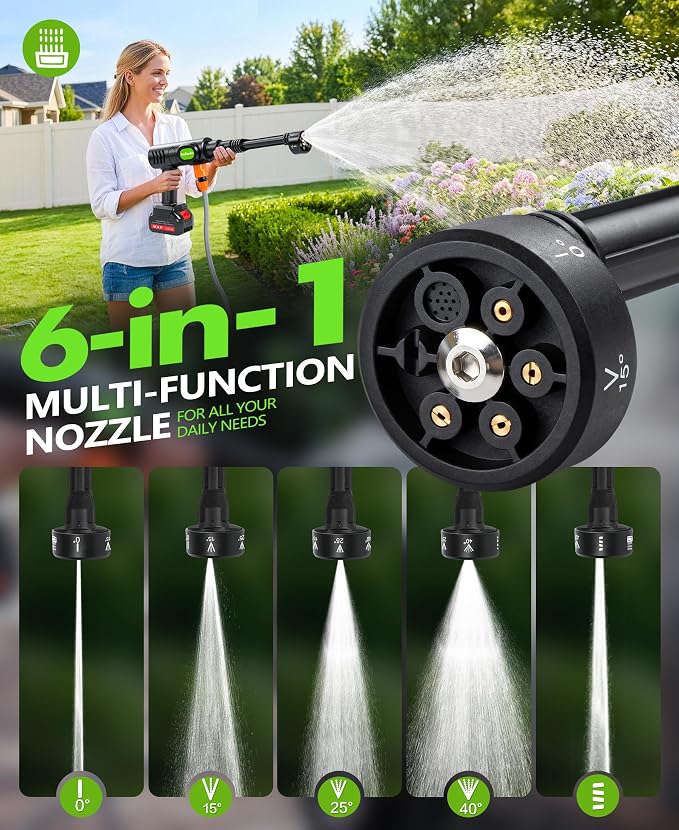 PoolLeader Cordless Car Cleaning Tool with 6-in-1 Nozzle & Foam Cannon | Lightweight Portable Design, Battery Operated Cordless Car Wash Spray, Handheld Wash Machine for Car, Patio, Home -Lime Green